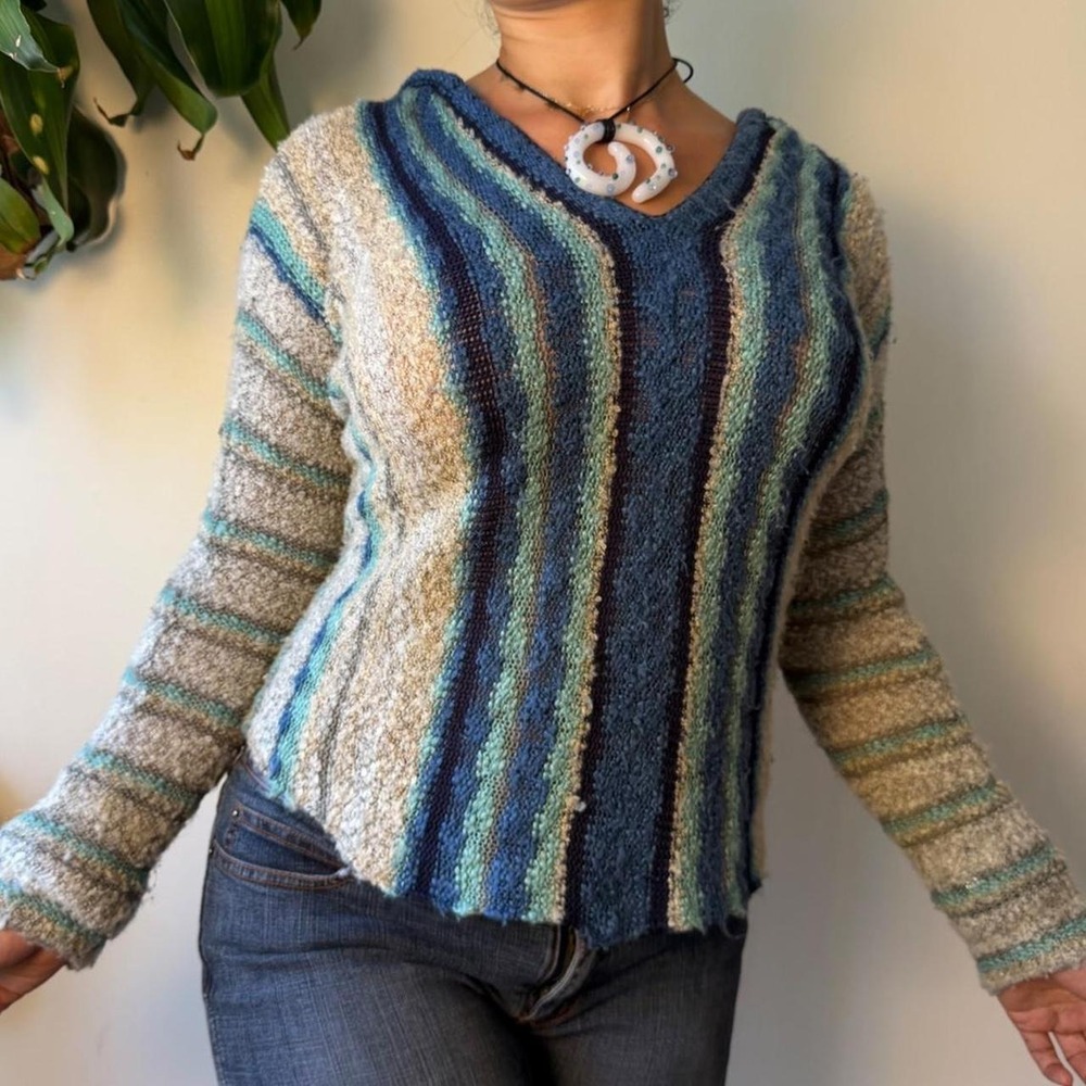 Love Stitch Blue Striped Baja Knit Hoodie Surfcore Y2K IMP-5664 S/M